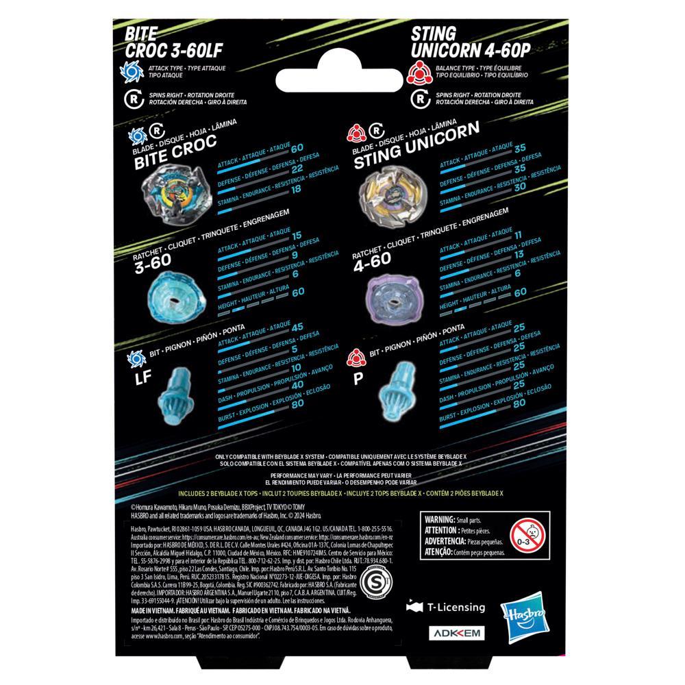Beyblade X Bite Croc 3-60LF and Sting Unicorn 4-60P Top Dual Pack Set - Image 3